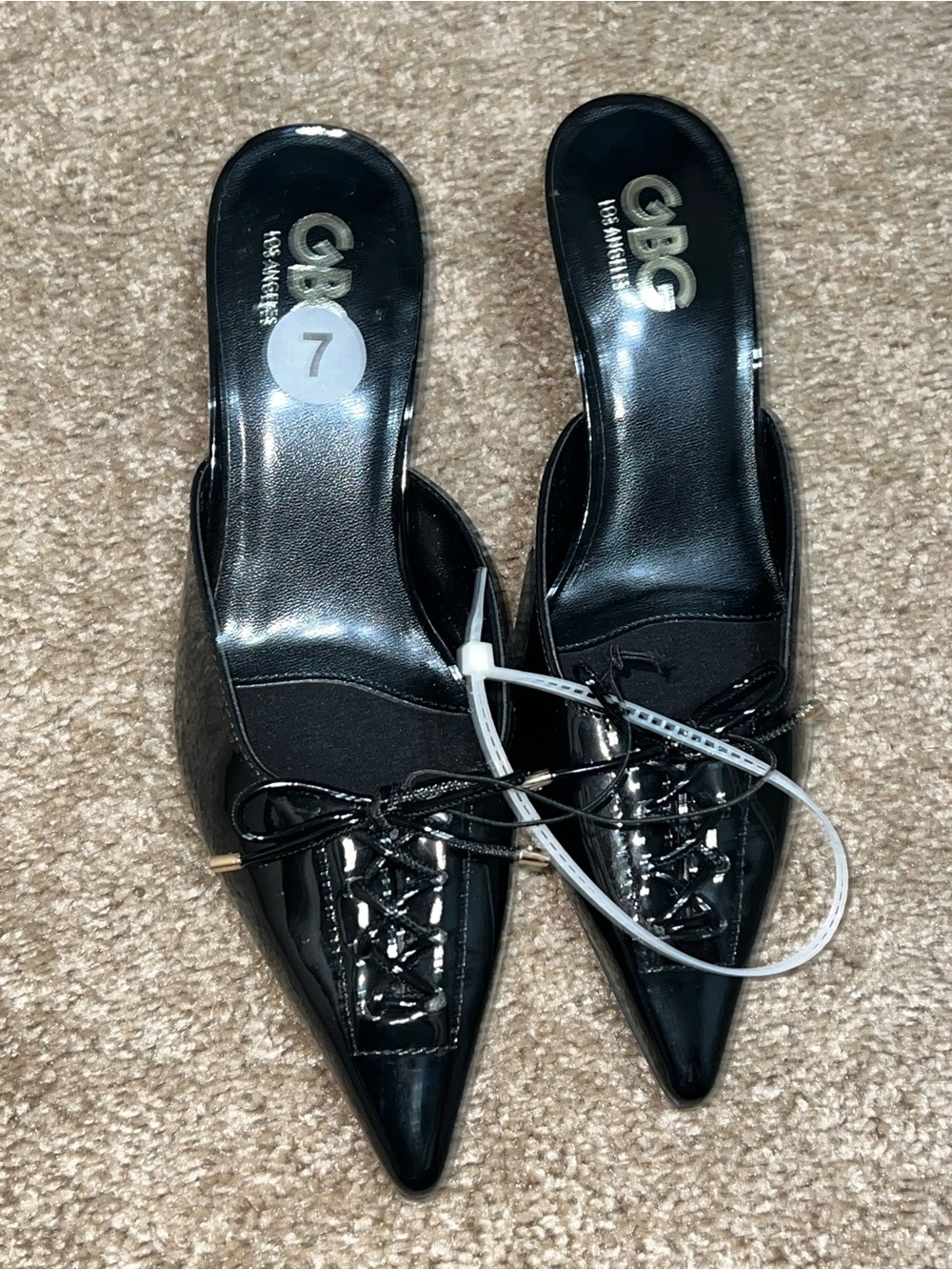 GBG Los Angeles Black Patent Pointed Lace-Up Mules